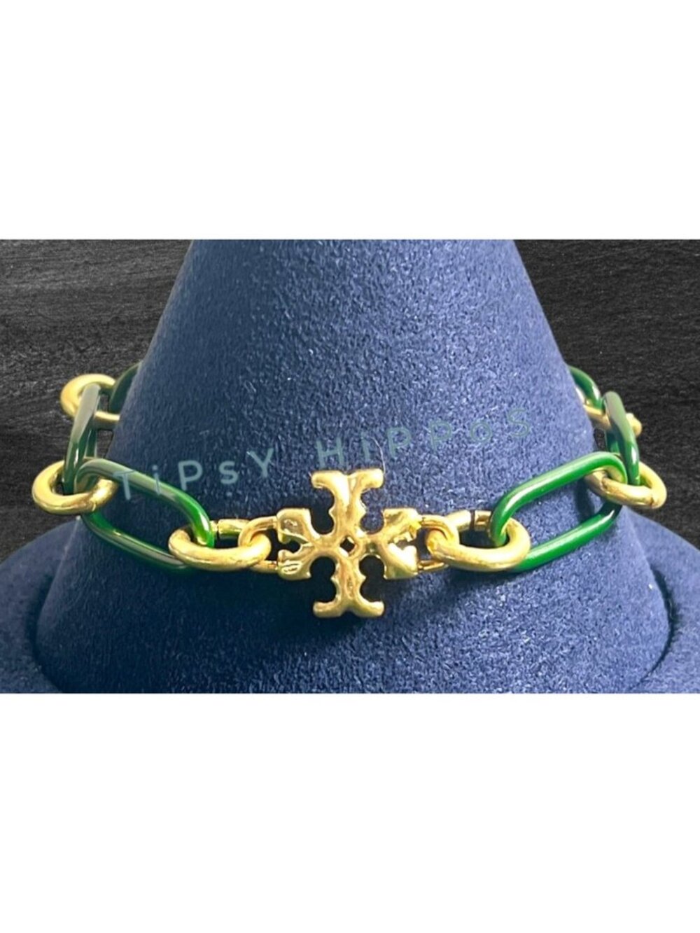 Tory Burch Women's Gold & Green Link Roxanne Bracelet With Logo